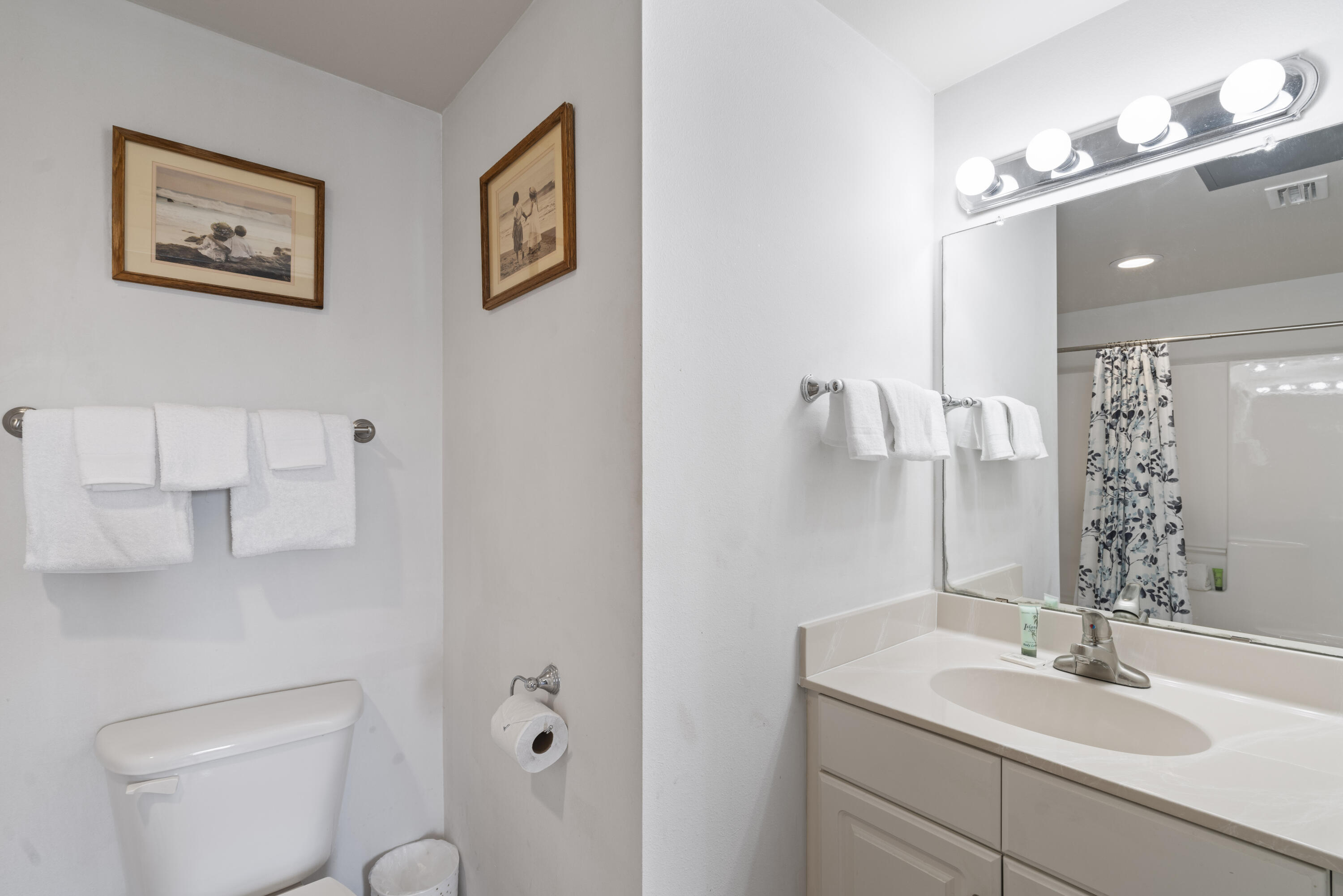 Bathroom with a white vanity and mirror, toilet, folded towels, and floral shower curtain.