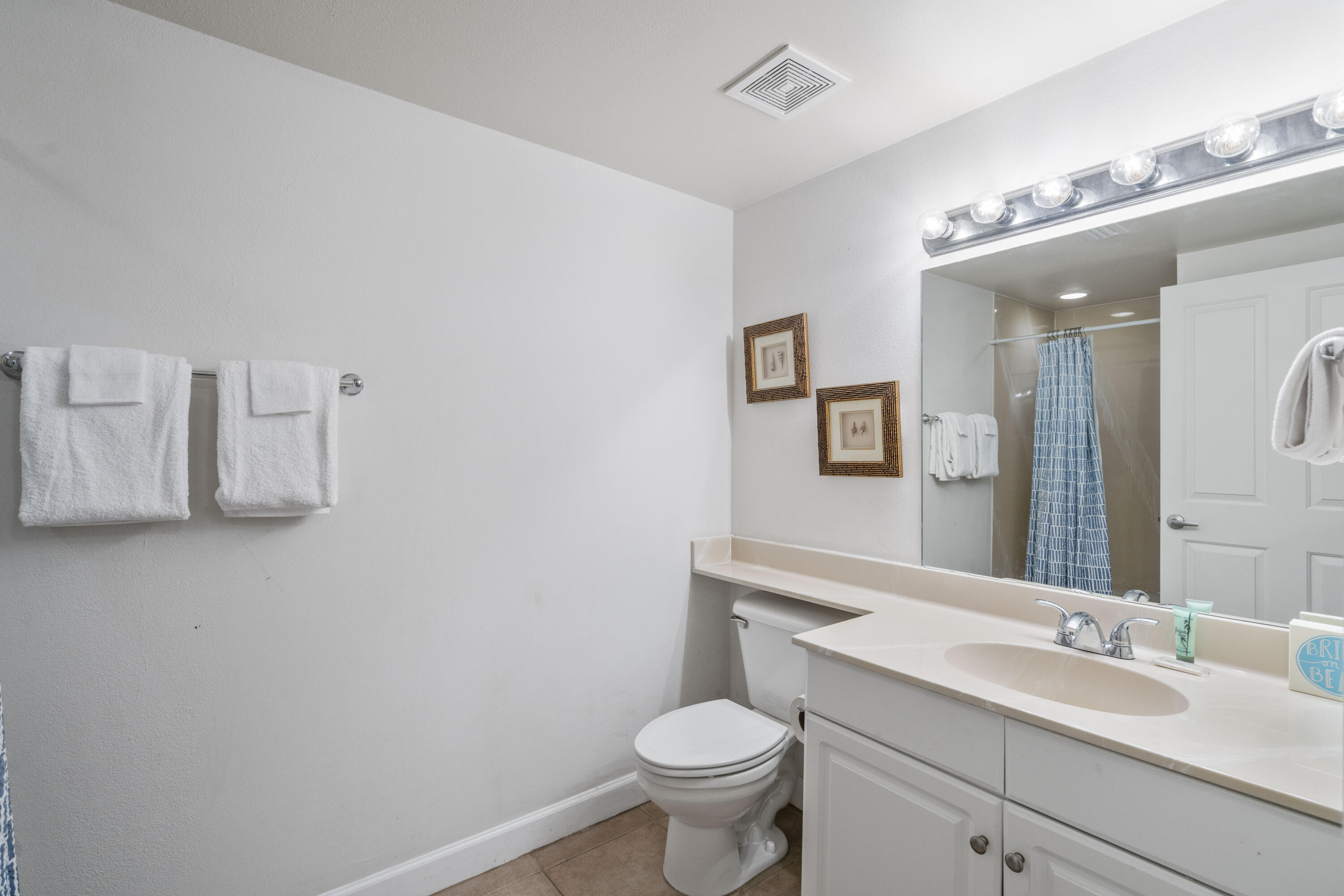 Bathroom with a white vanity and toilet, reflected shower with a blue patterned curtain.