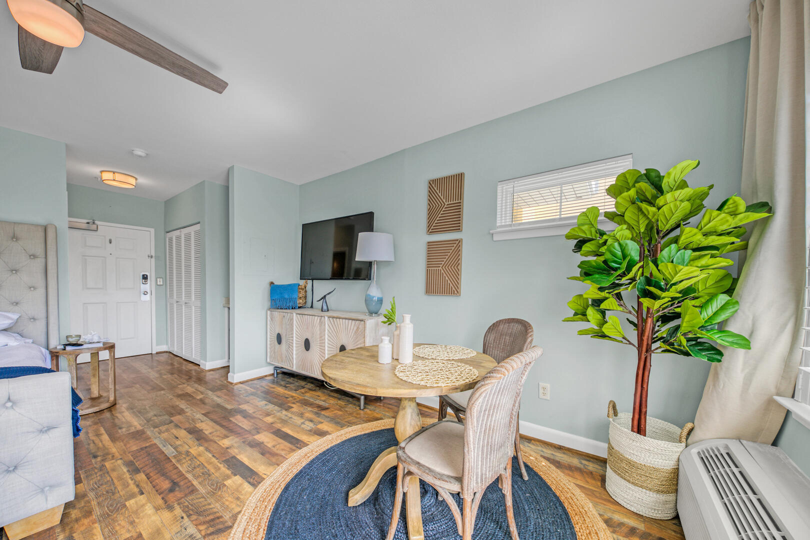 Furnished studio living and dining area with a wall-mounted television, wood-pattern floors, and a large potted plant.