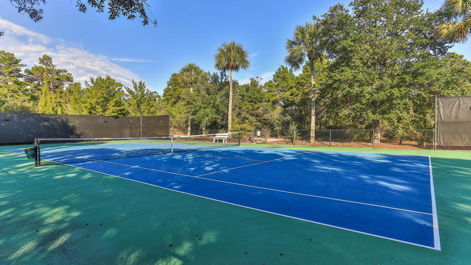Outdoor tennis court with a blue playing surface, net, and palms beyond the fence.