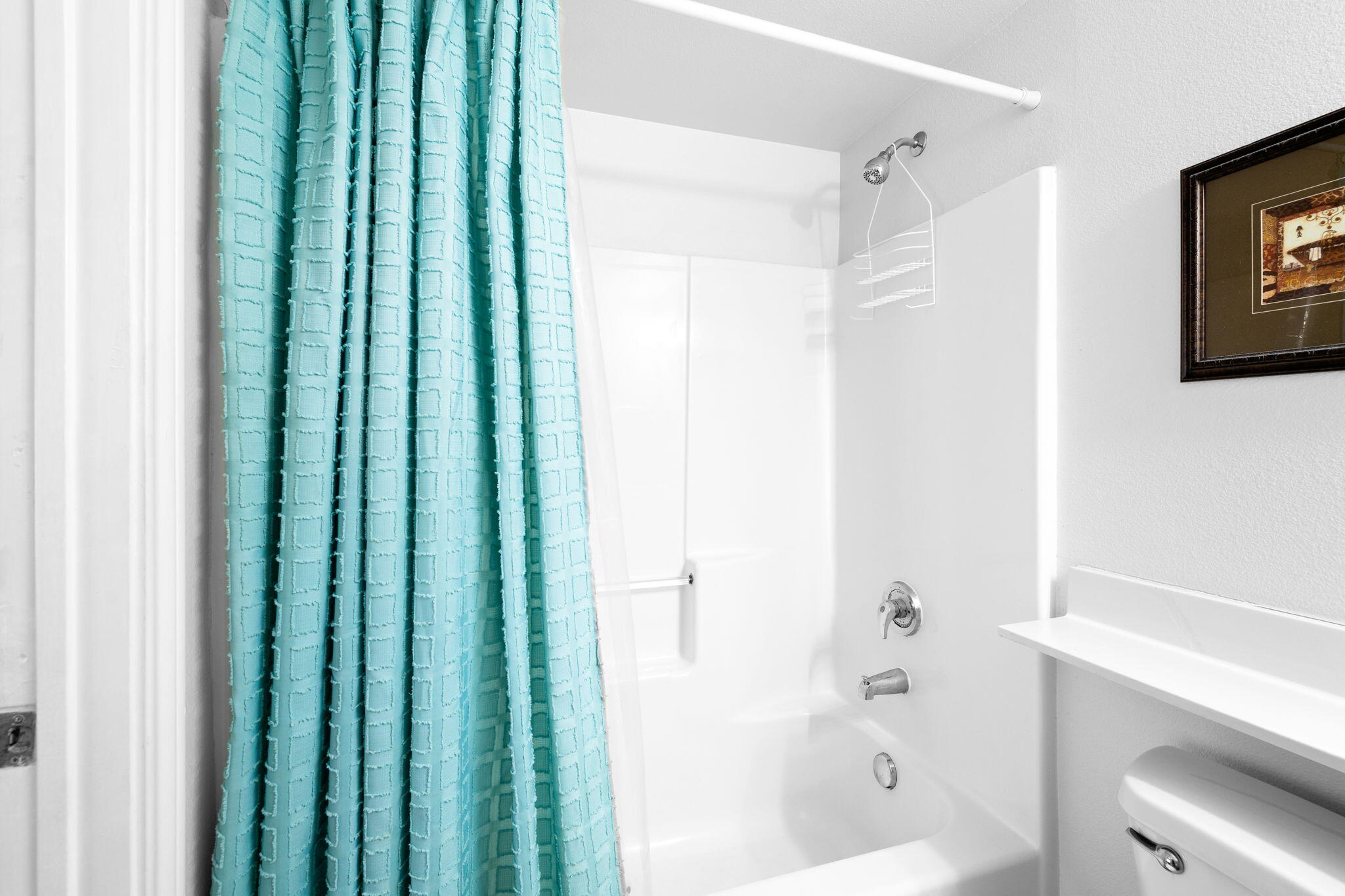 Bathroom with a white tub and shower, turquoise patterned curtain, and toilet.
