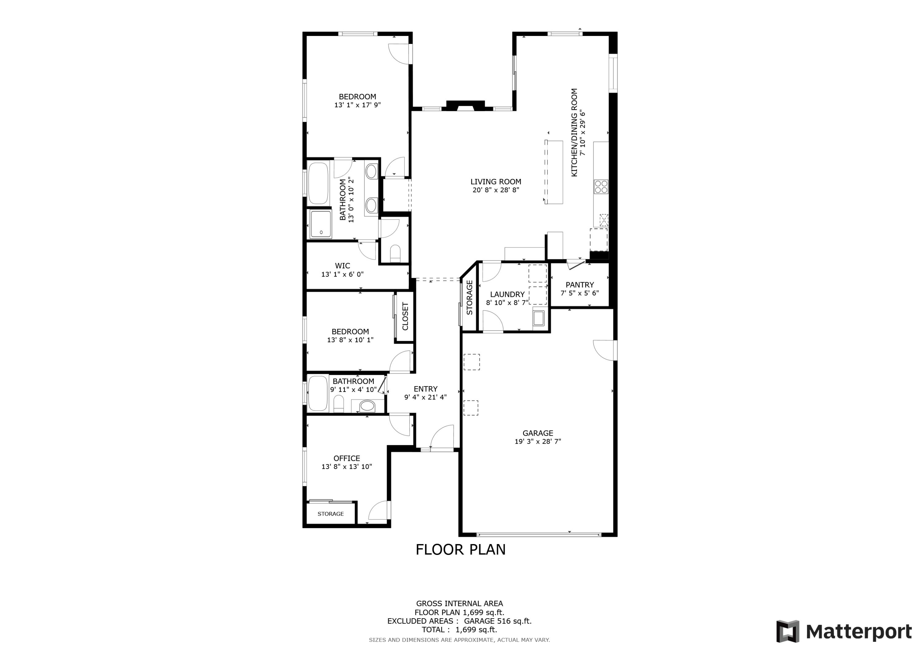 Floor plan showing two bedrooms, an office, open living and kitchen-dining areas, and a garage.