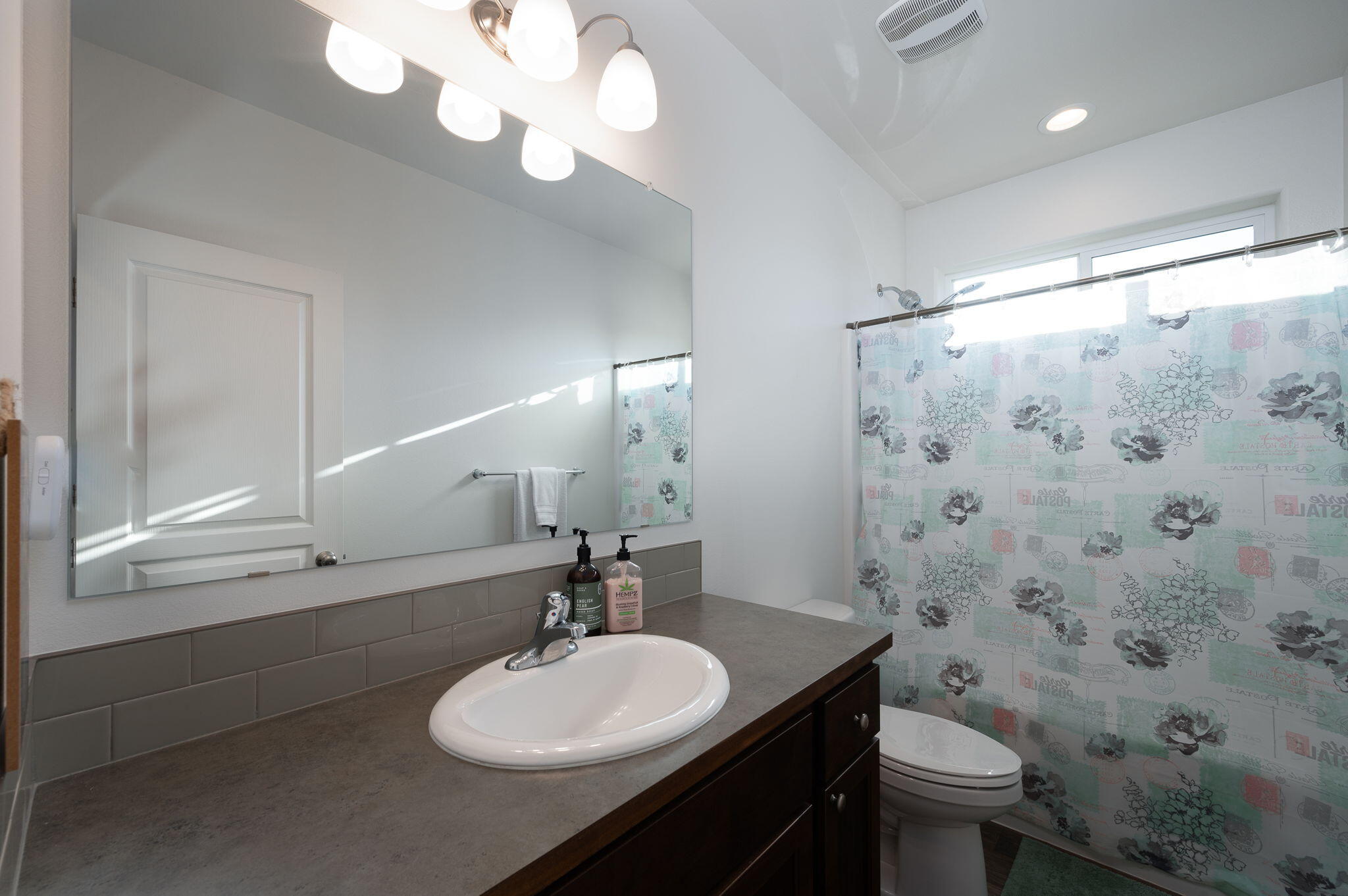 Bathroom with a dark vanity and oval sink beside a tub with a floral shower curtain.