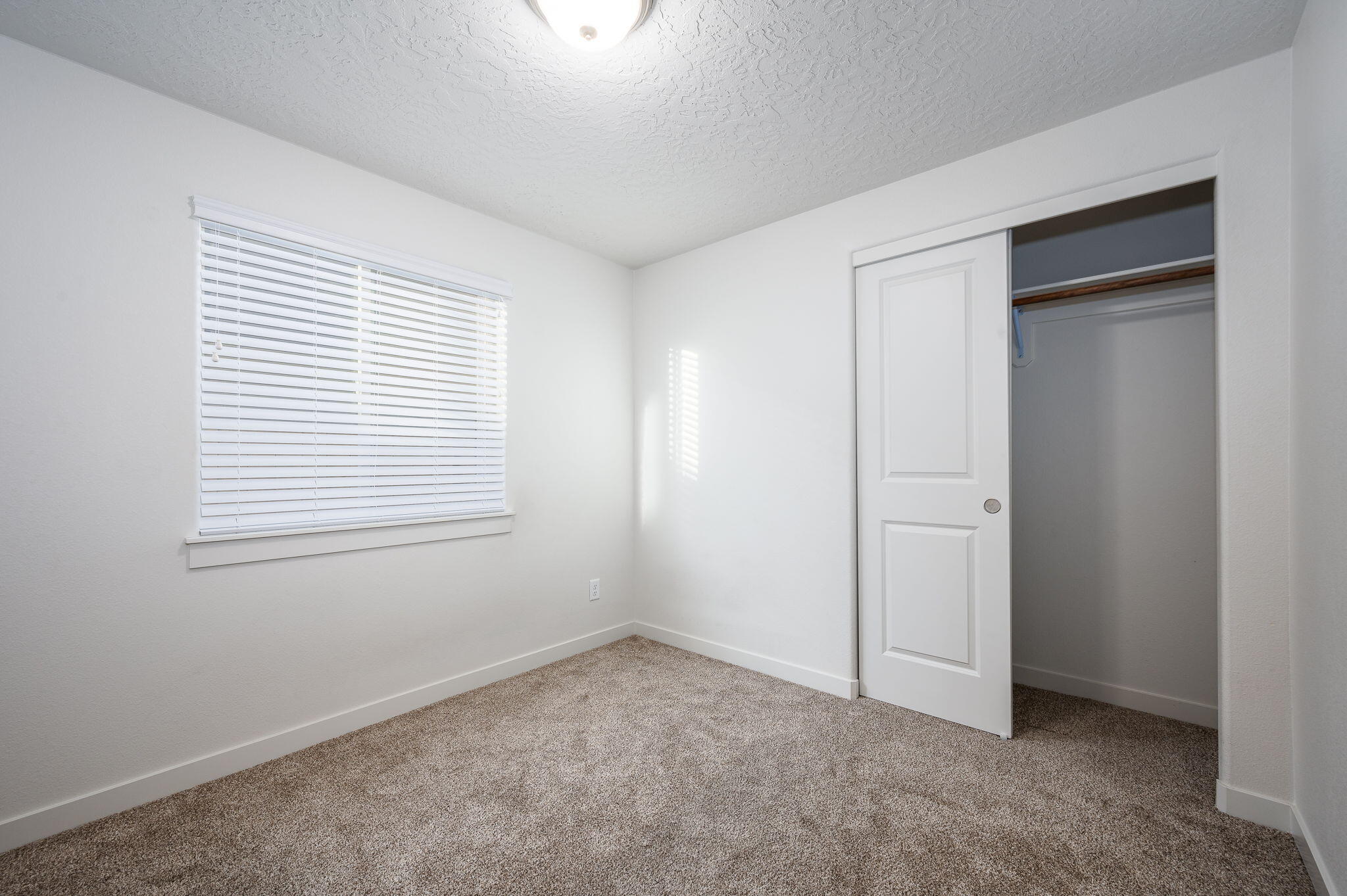 Empty carpeted bedroom with a window and a partially open sliding-door closet.