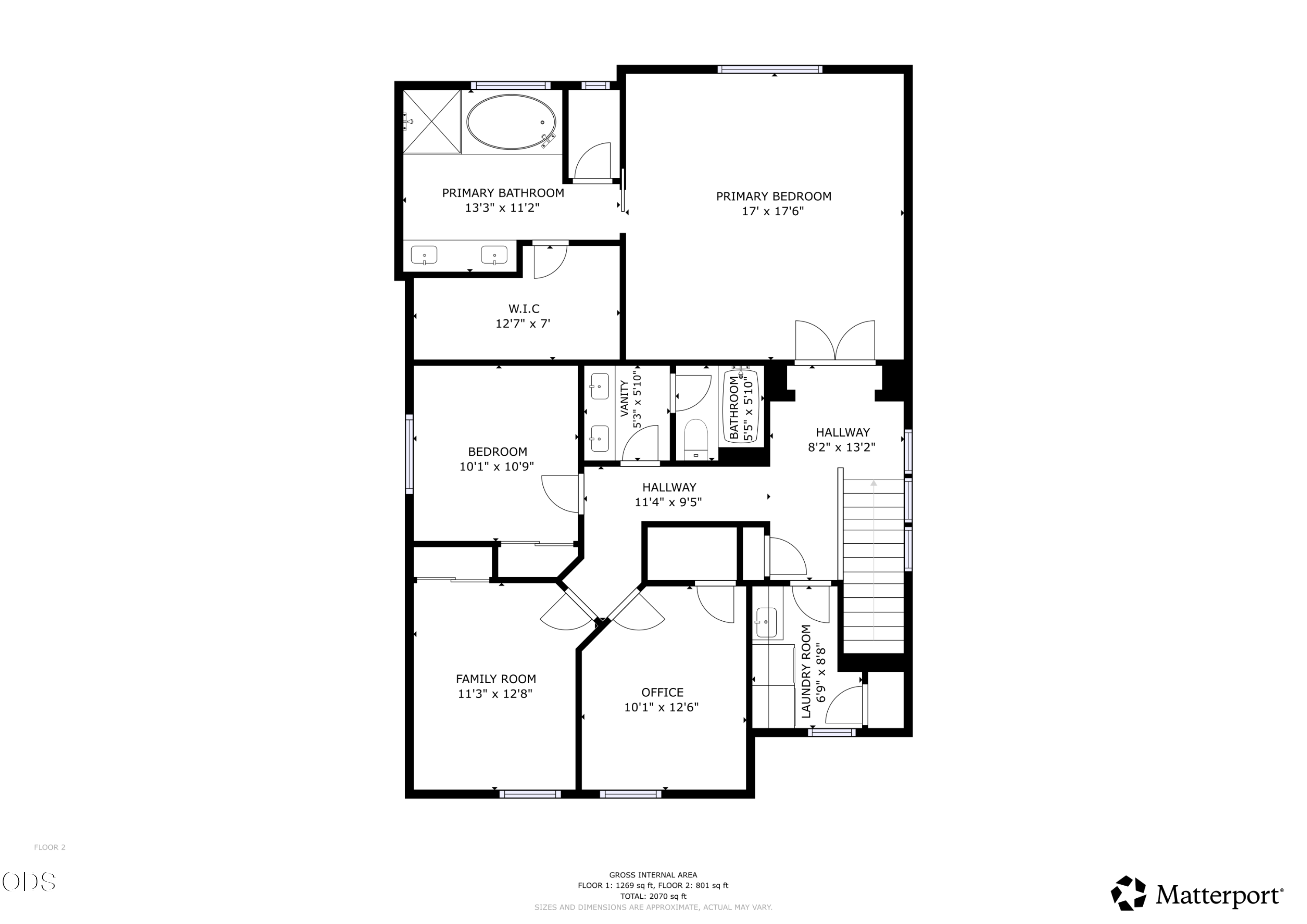Second-floor plan with primary suite, bedroom, family room, office, laundry room, and room dimensions.