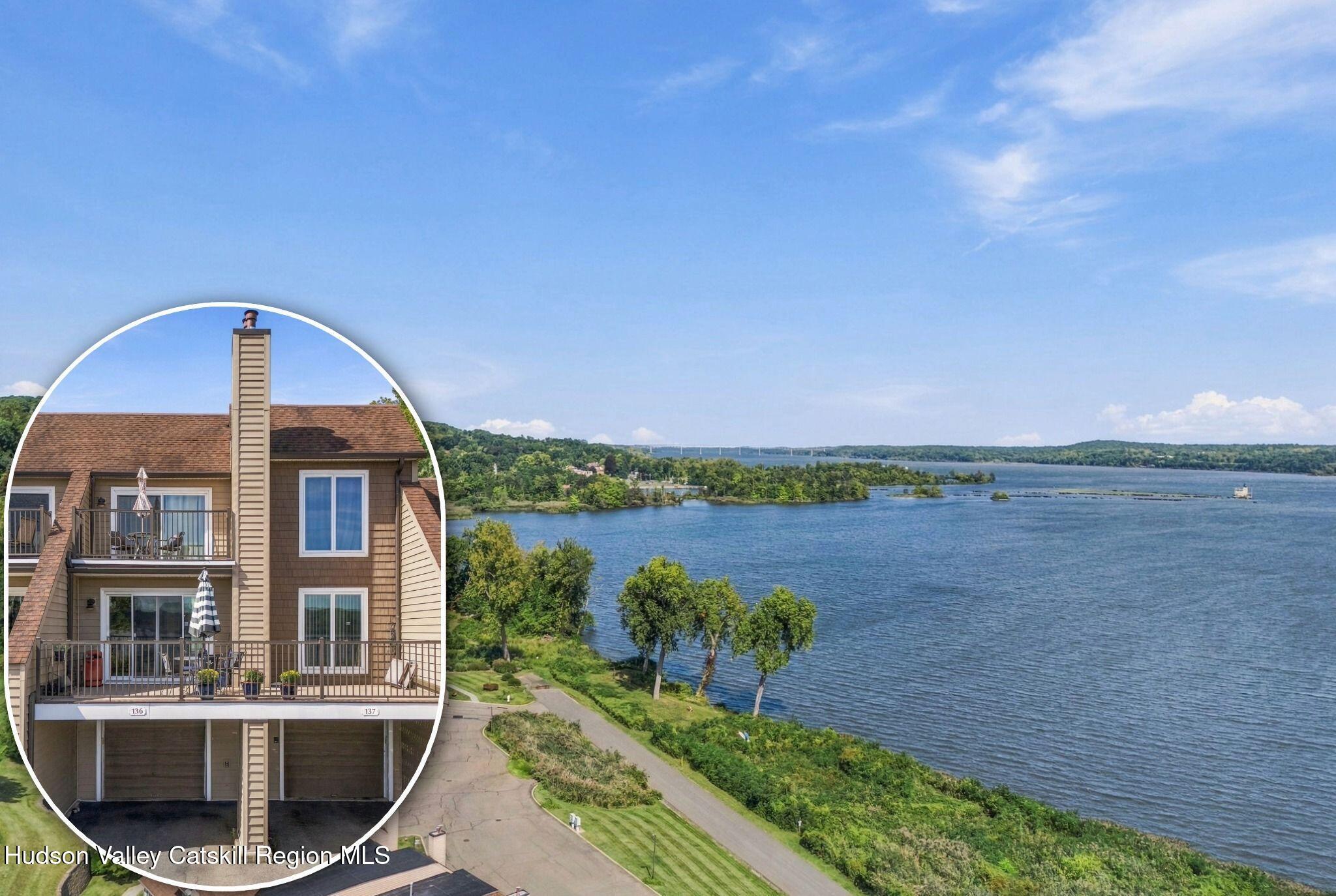 Waterfront condominium beside a broad river, with an inset view of its balconies.