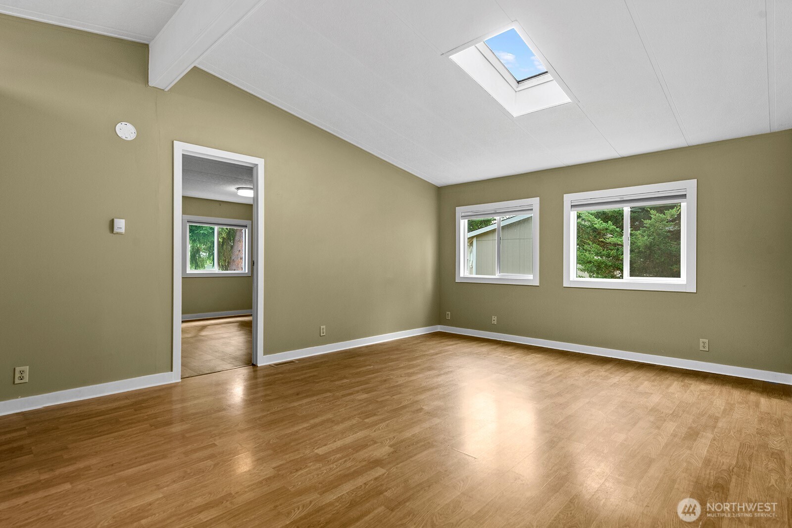Empty room with wood flooring, olive-green walls, two windows, and a skylight.