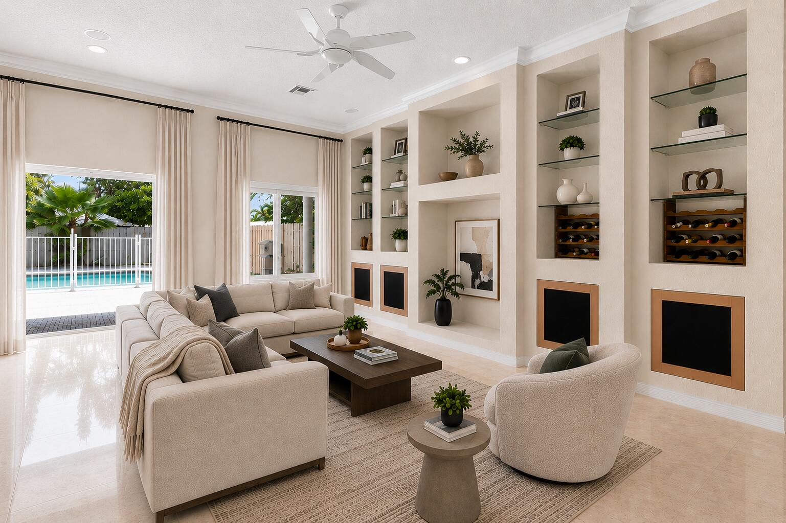 Furnished living room with built-in shelves and wine racks, opening onto a pool patio.
