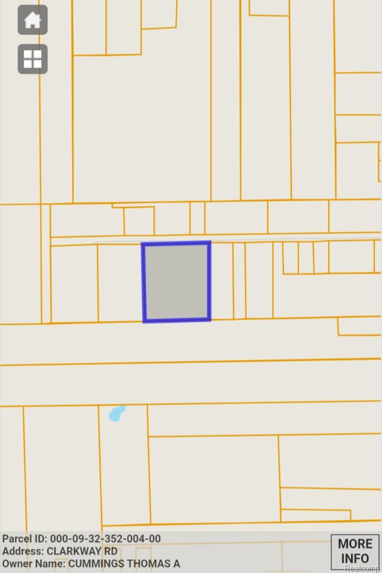 Parcel map highlighting a Clarkway Road lot in blue, with parcel details along the bottom.