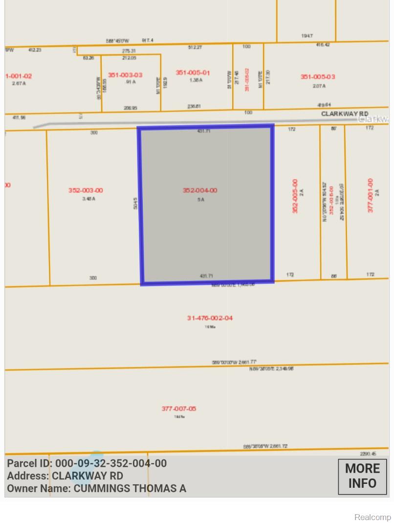 Parcel map highlighting a five-acre Clarkway Road lot outlined in blue.