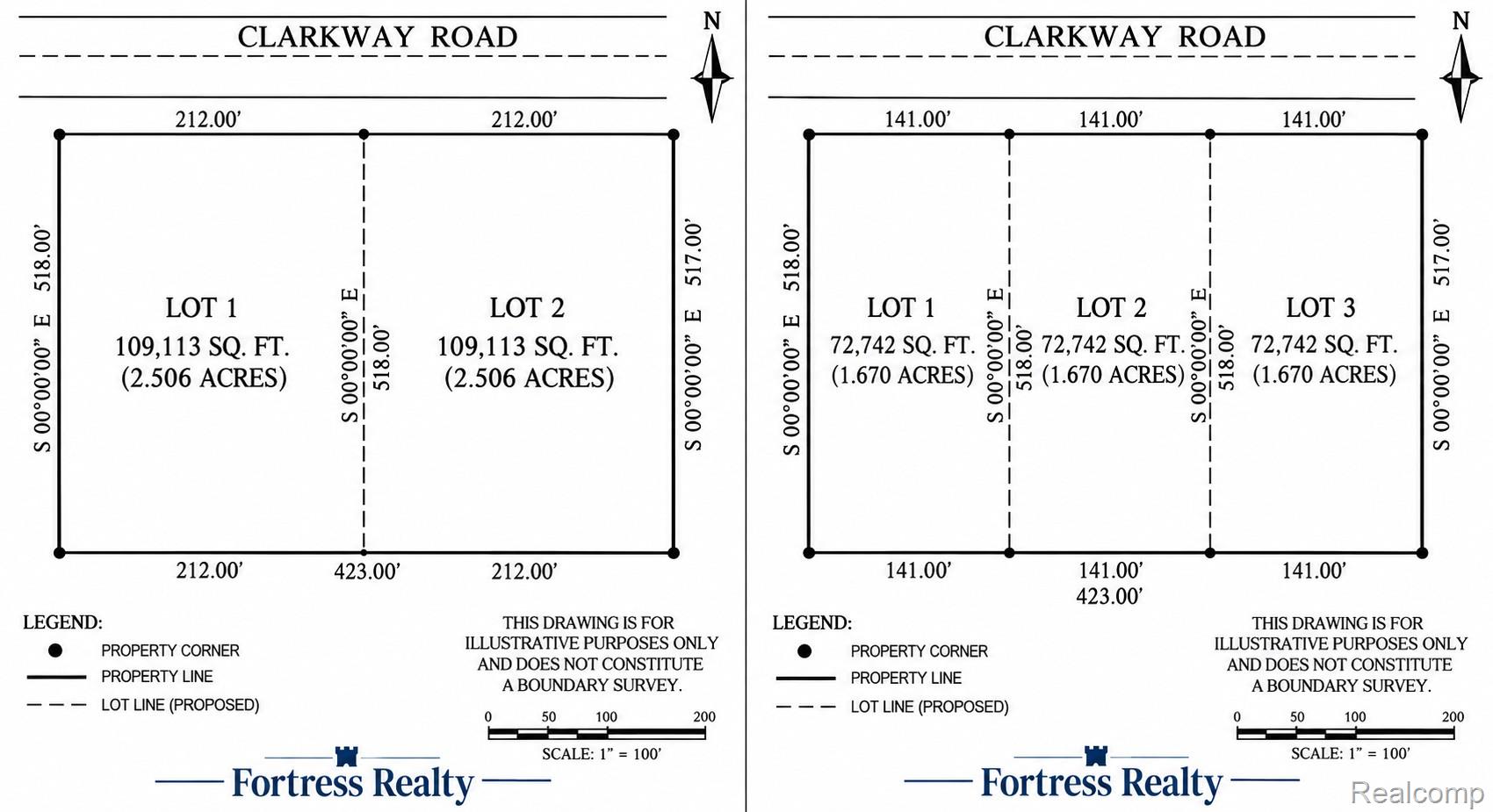 Clarkway Road lot layout showing two- and three-lot subdivision options with acreage and dimensions.