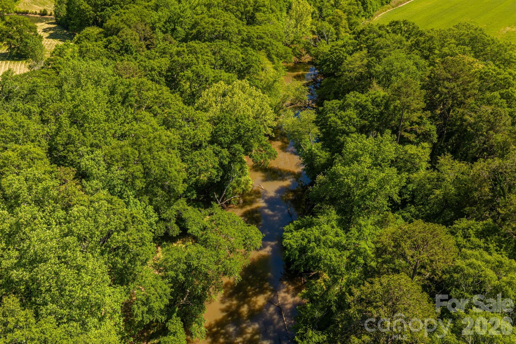 Aerial view of a winding creek through dense woods, with open fields at the property edge.