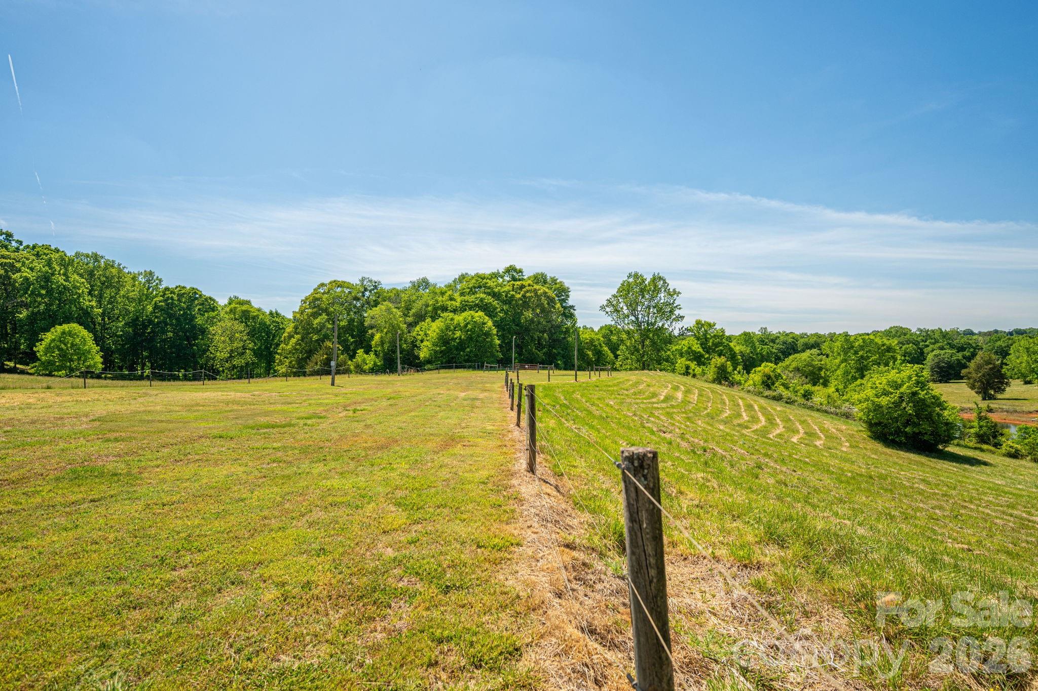 Rolling grassy pasture with a wire fence, tree line, and pond in the distance.