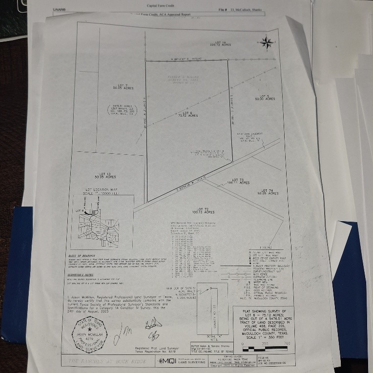 Plat survey map for The Ranches at Buck Ridge, showing numbered land lots and acreage.