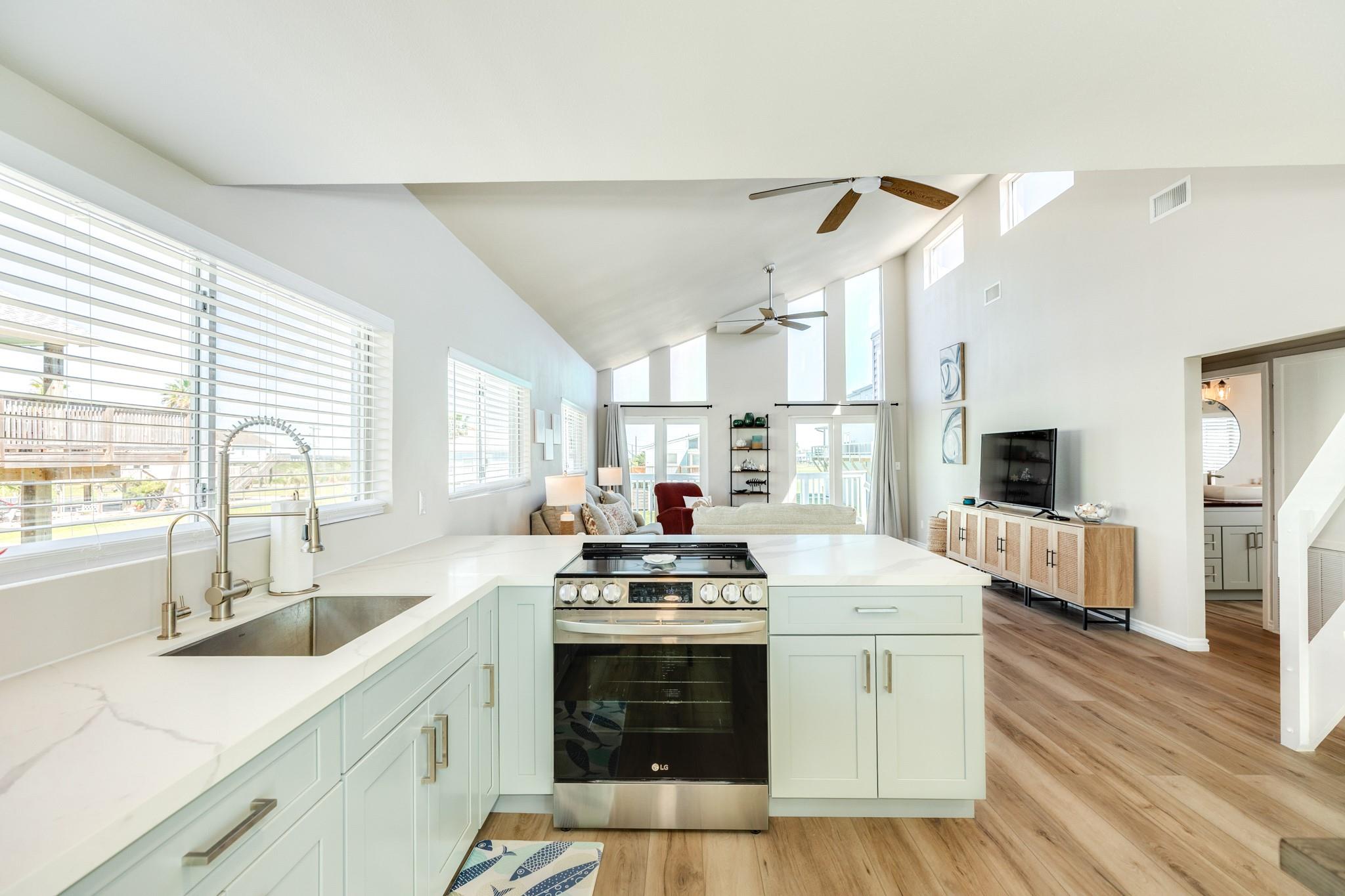 Interior open-concept living area of 115 Doubloon Drive Freeport TX vacation home