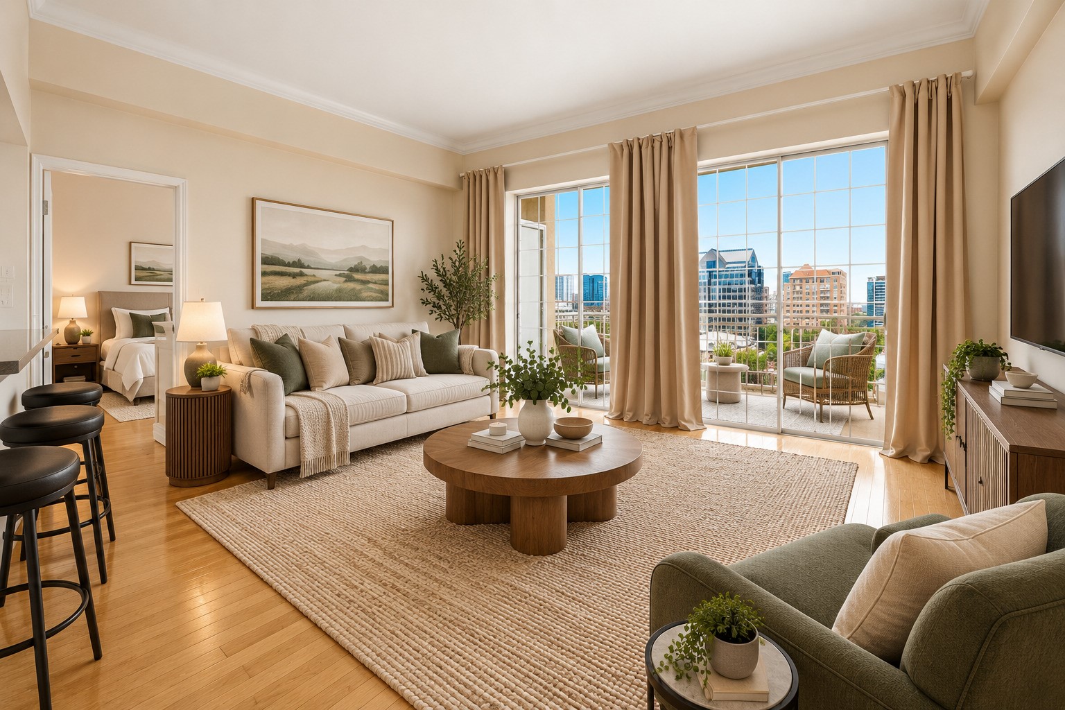 Furnished living room opens to a balcony with a city skyline view.