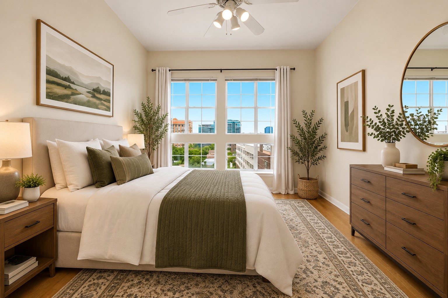 Bedroom with a white bed, olive accents, wood furnishings, and city buildings visible through the windows.
