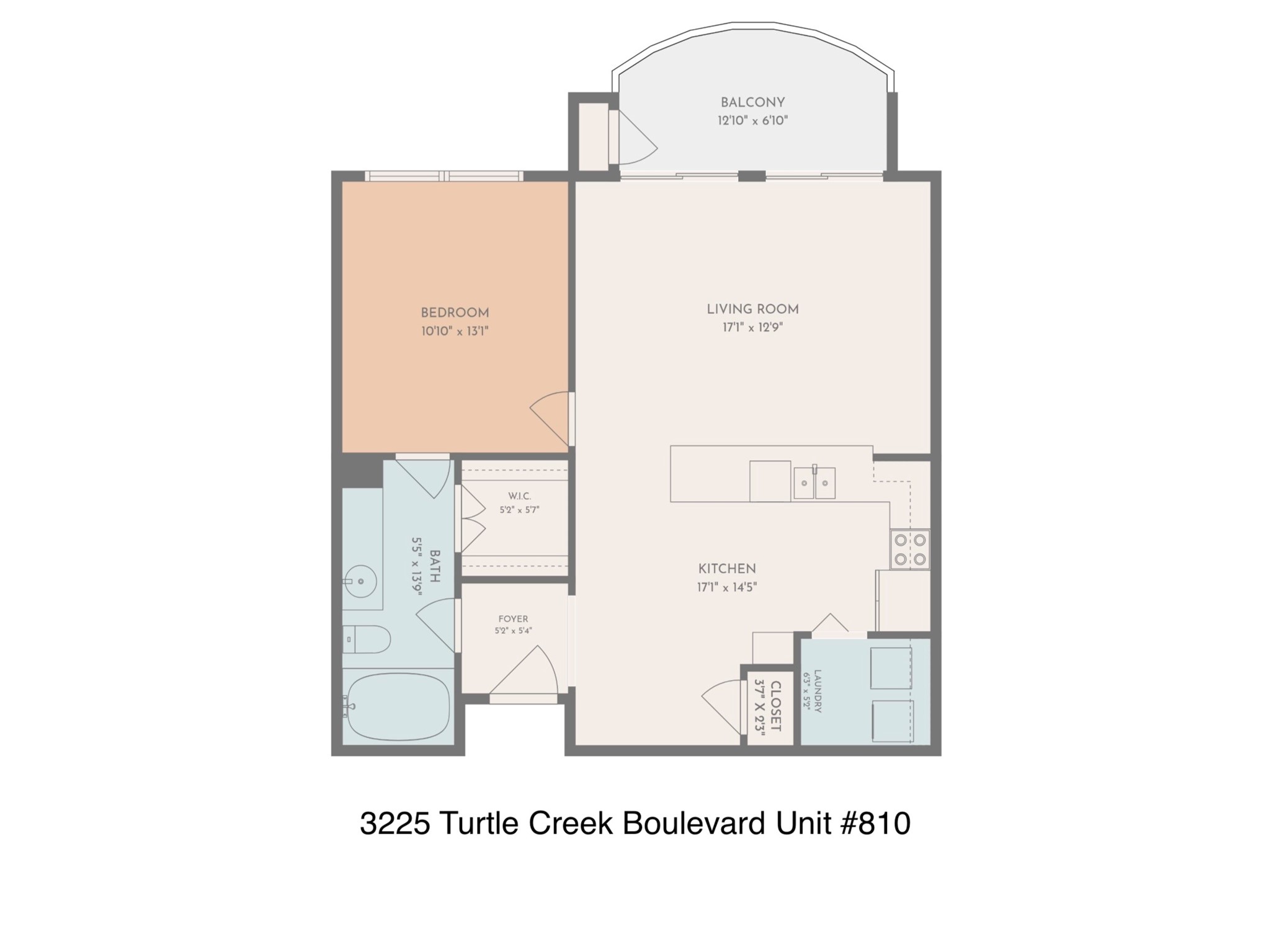 Floor plan for 3225 Turtle Creek Boulevard Unit 810, with one bedroom and a balcony.