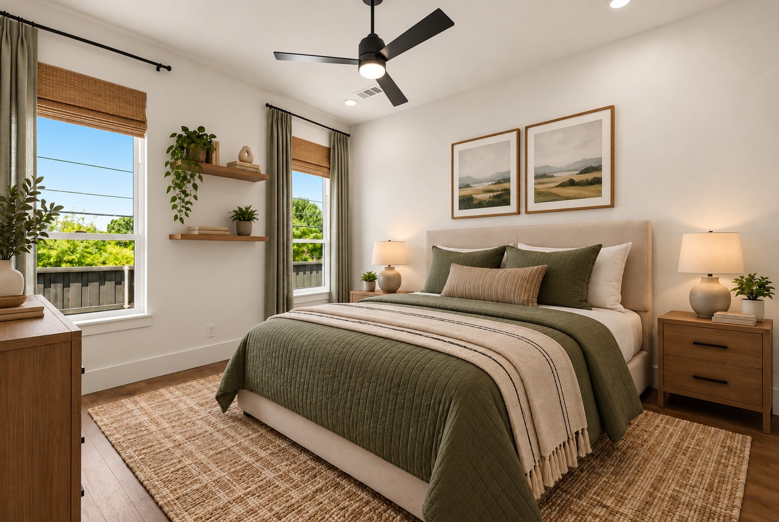Bedroom with olive-green bedding, two bright windows, and framed landscape prints above the bed.
