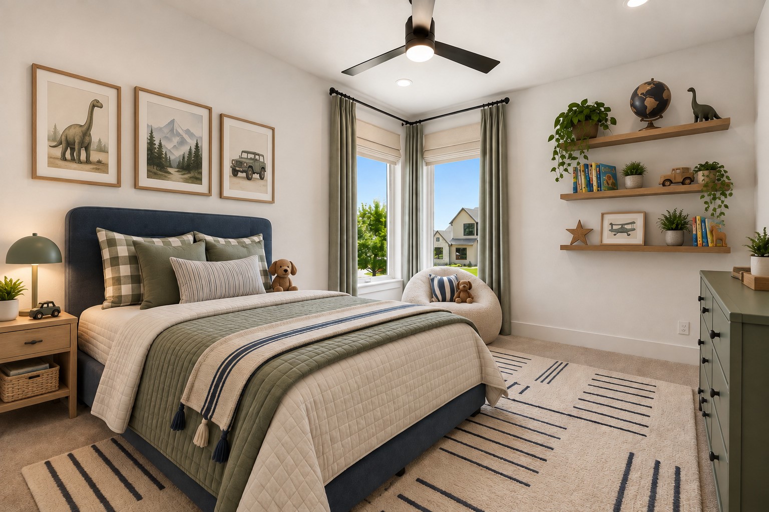 Staged bedroom with a dark bed, dinosaur-themed art, and shelves beside two windows.