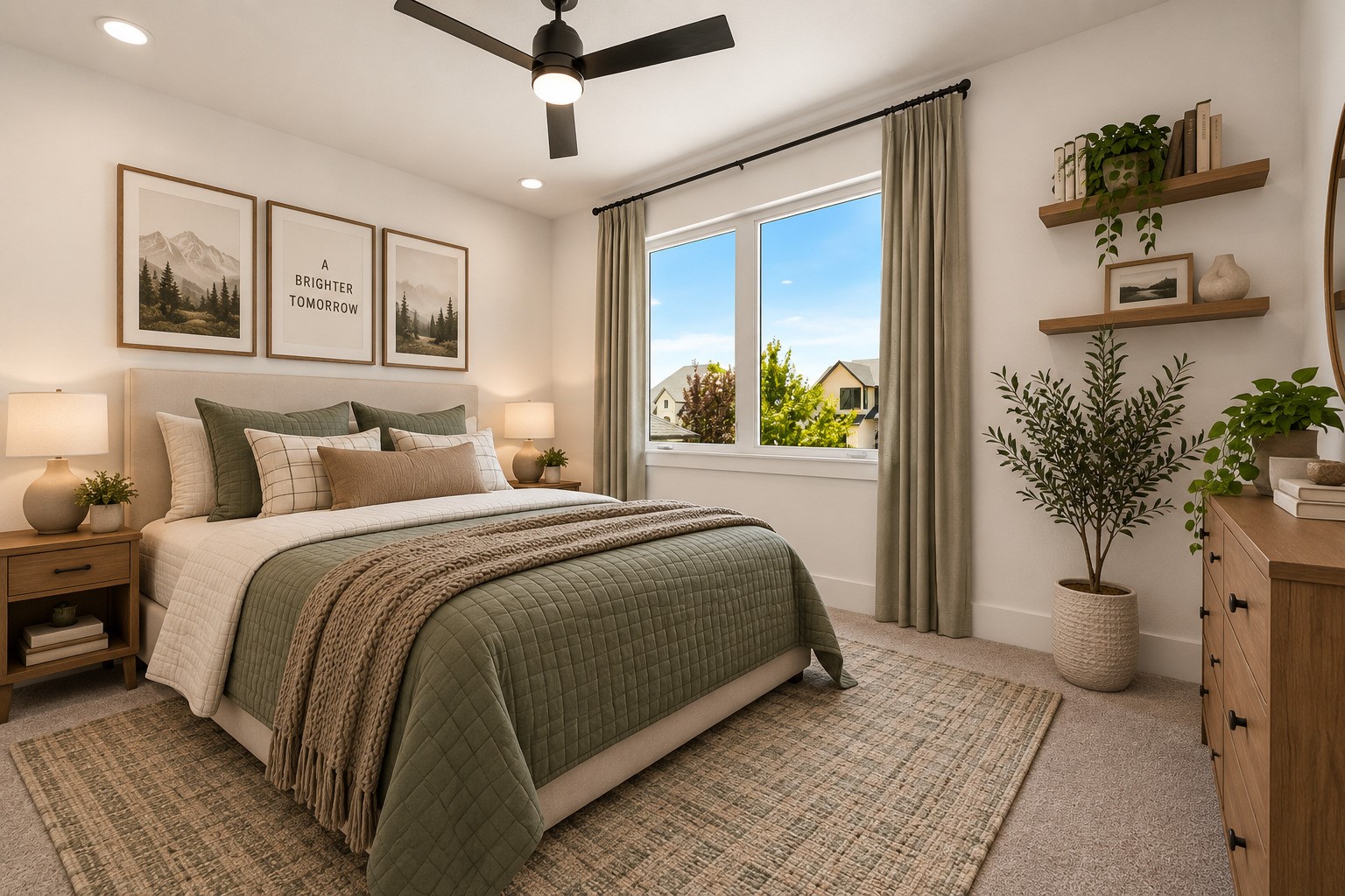 Staged bedroom with sage green bedding, a bright window, and floating shelves with plants.