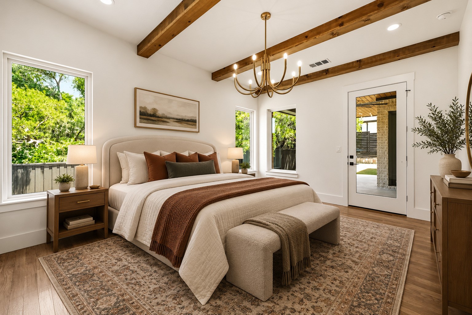 Bedroom with exposed wood ceiling beams, a large bed, and windows overlooking greenery.