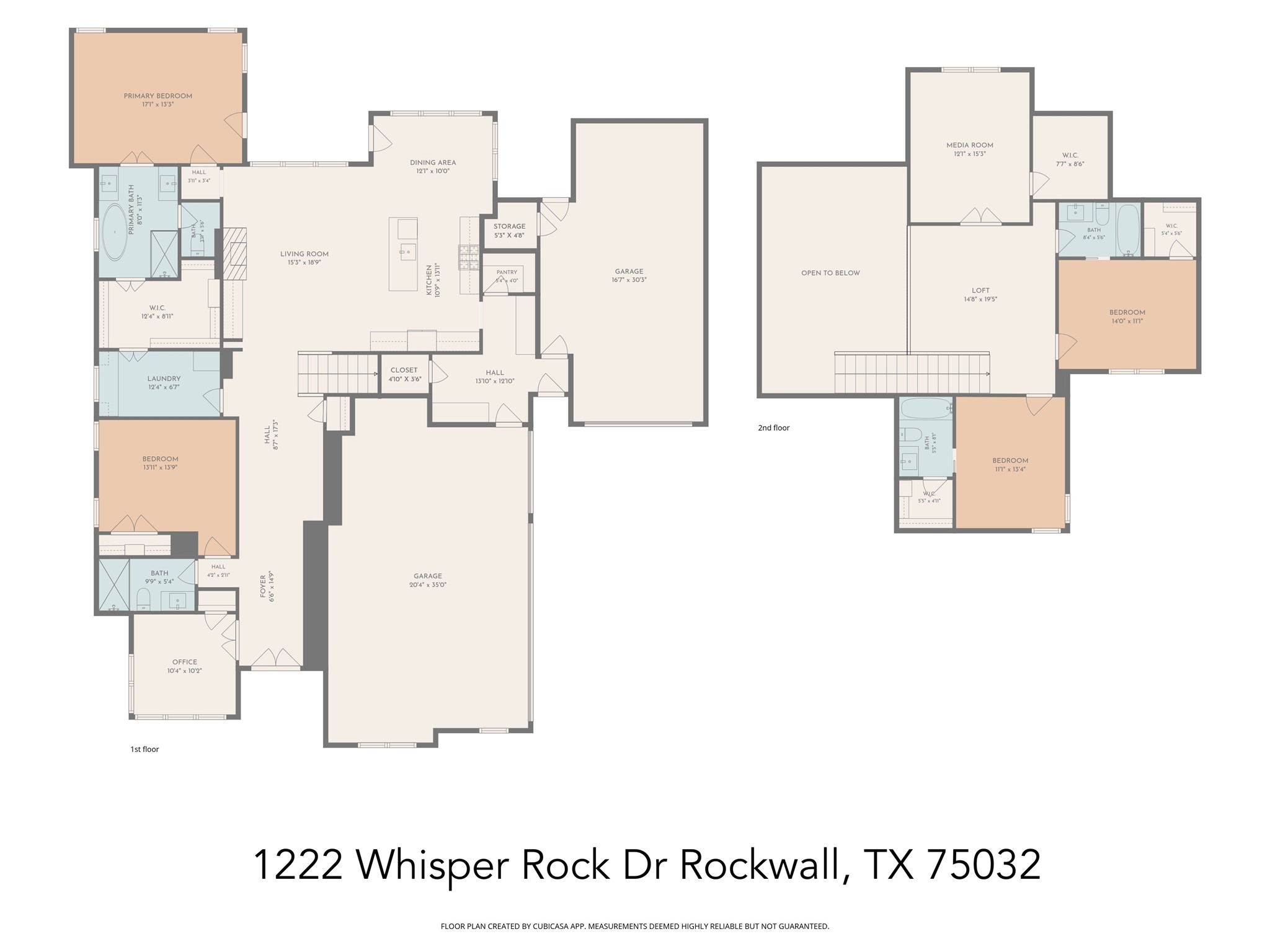 Two-story floor plan showing room layouts, labeled spaces, and dimensions for 1222 Whisper Rock Drive.