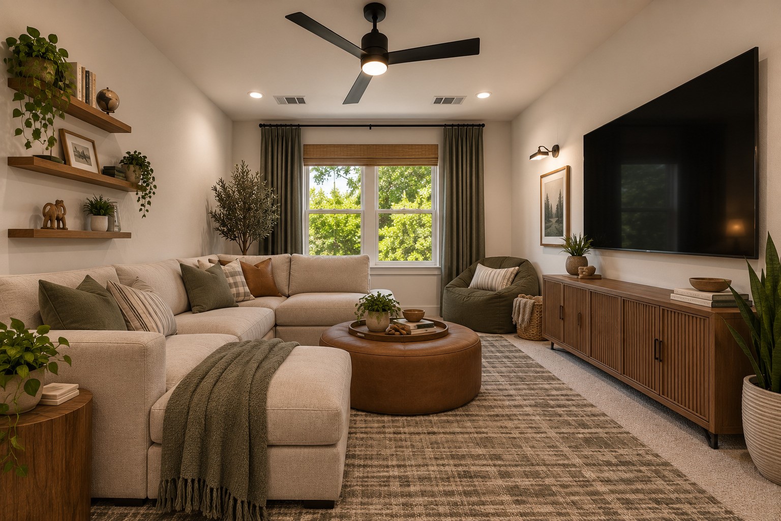 Furnished living room with a beige sectional, round wood coffee table, floating shelves, and large television.