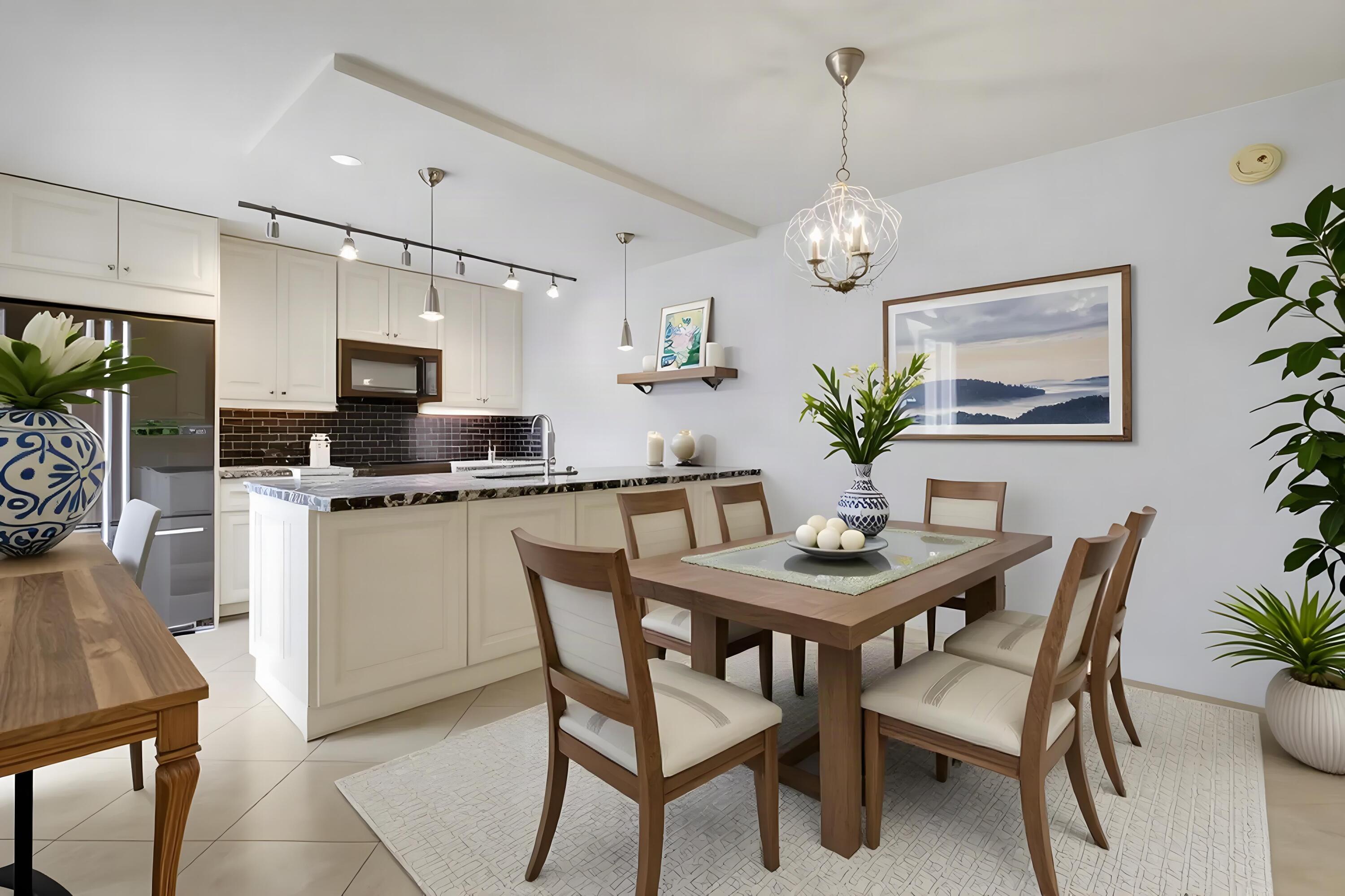 Kitchen and dining area with a marble-topped island, dark tile backsplash, and wooden dining table.
