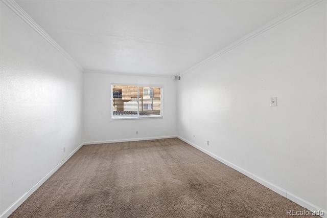 Empty carpeted room with white walls and a window with blinds.