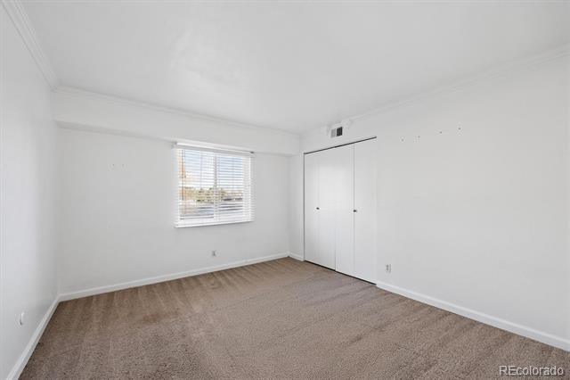 Vacant bedroom with beige carpet, a window with blinds, and a double-door closet.