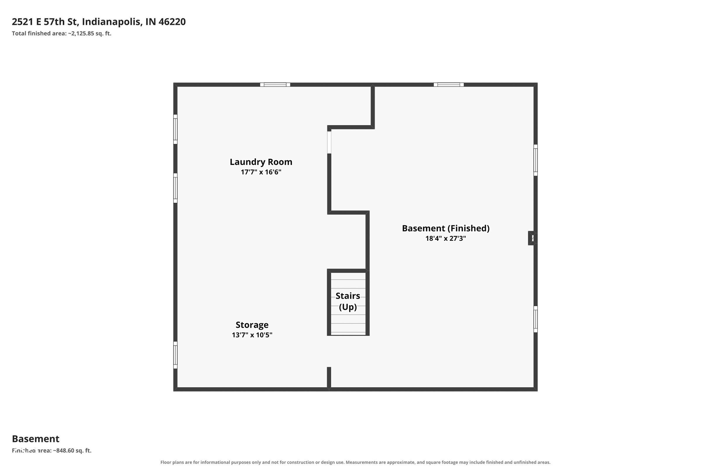 Basement floor plan showing a finished area, laundry room, storage, and stairs.
