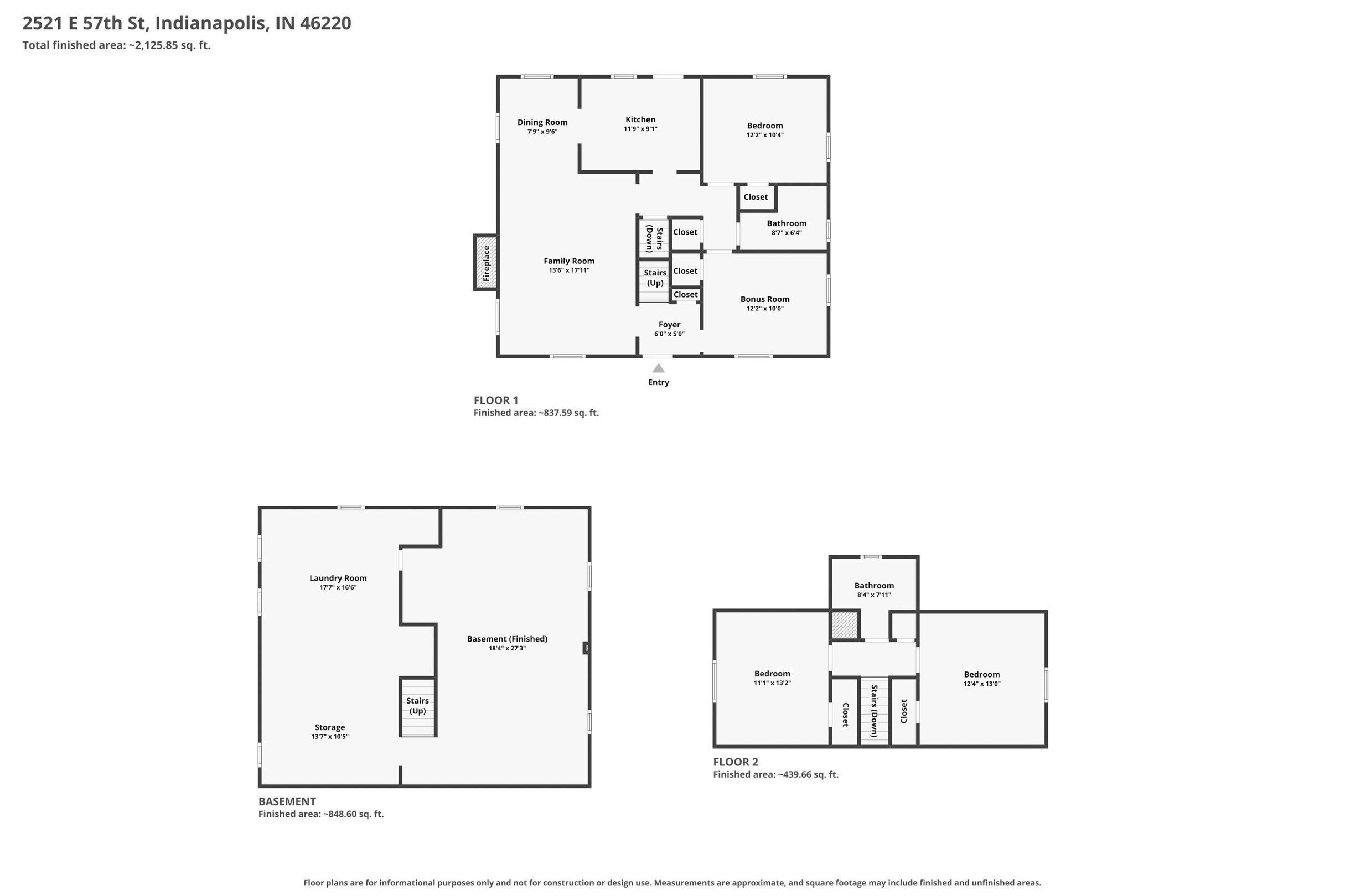 Three-level floor plan showing room layouts and approximate finished areas for 2521 E 57th Street.