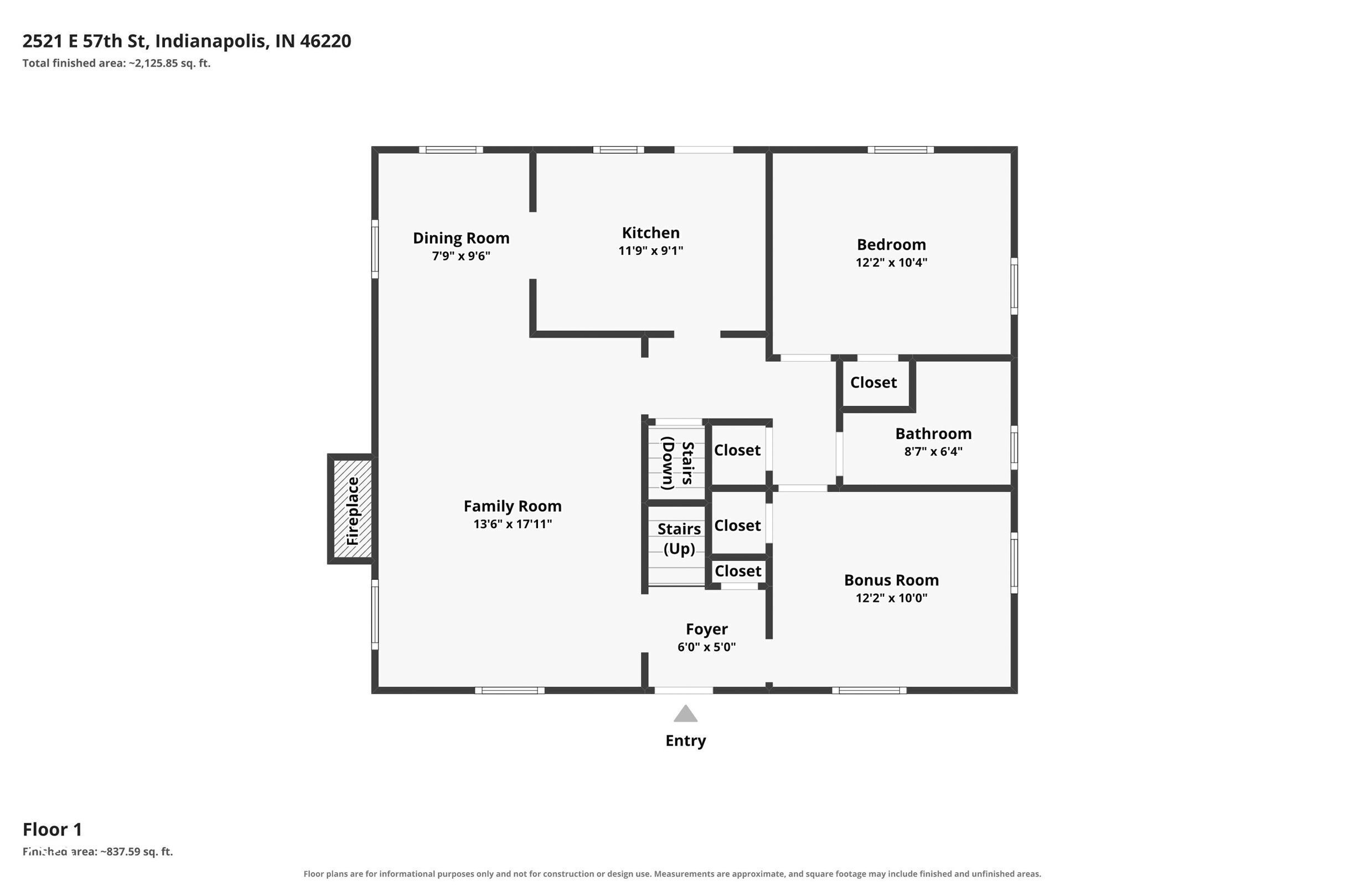 First-floor plan for 2521 E 57th Street, with labeled rooms, dimensions, fireplace, and entry.