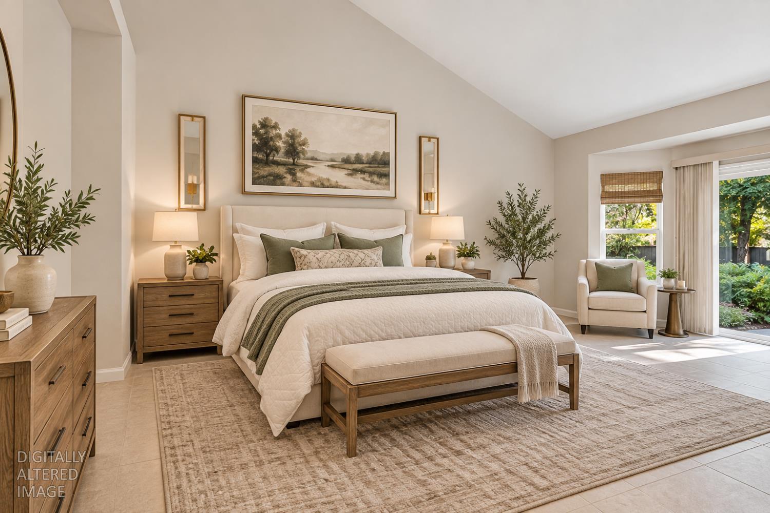 Staged bedroom with a large bed, wood nightstands, and a sitting area beside the window.
