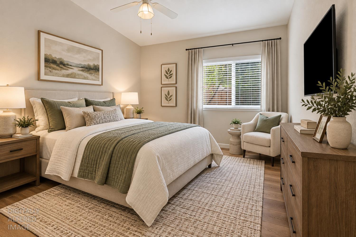 Furnished bedroom with a white bed, sage-green bedding, window blinds, and an upholstered chair.