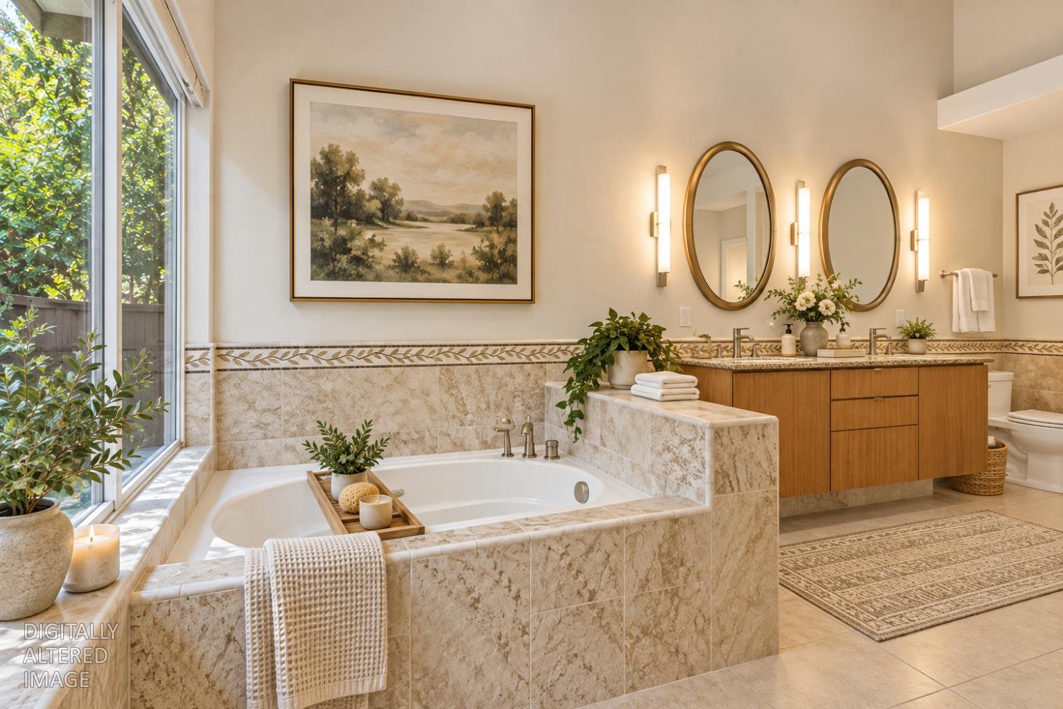 Bathroom with a tiled soaking tub beside a window and a wood double vanity with twin oval mirrors.