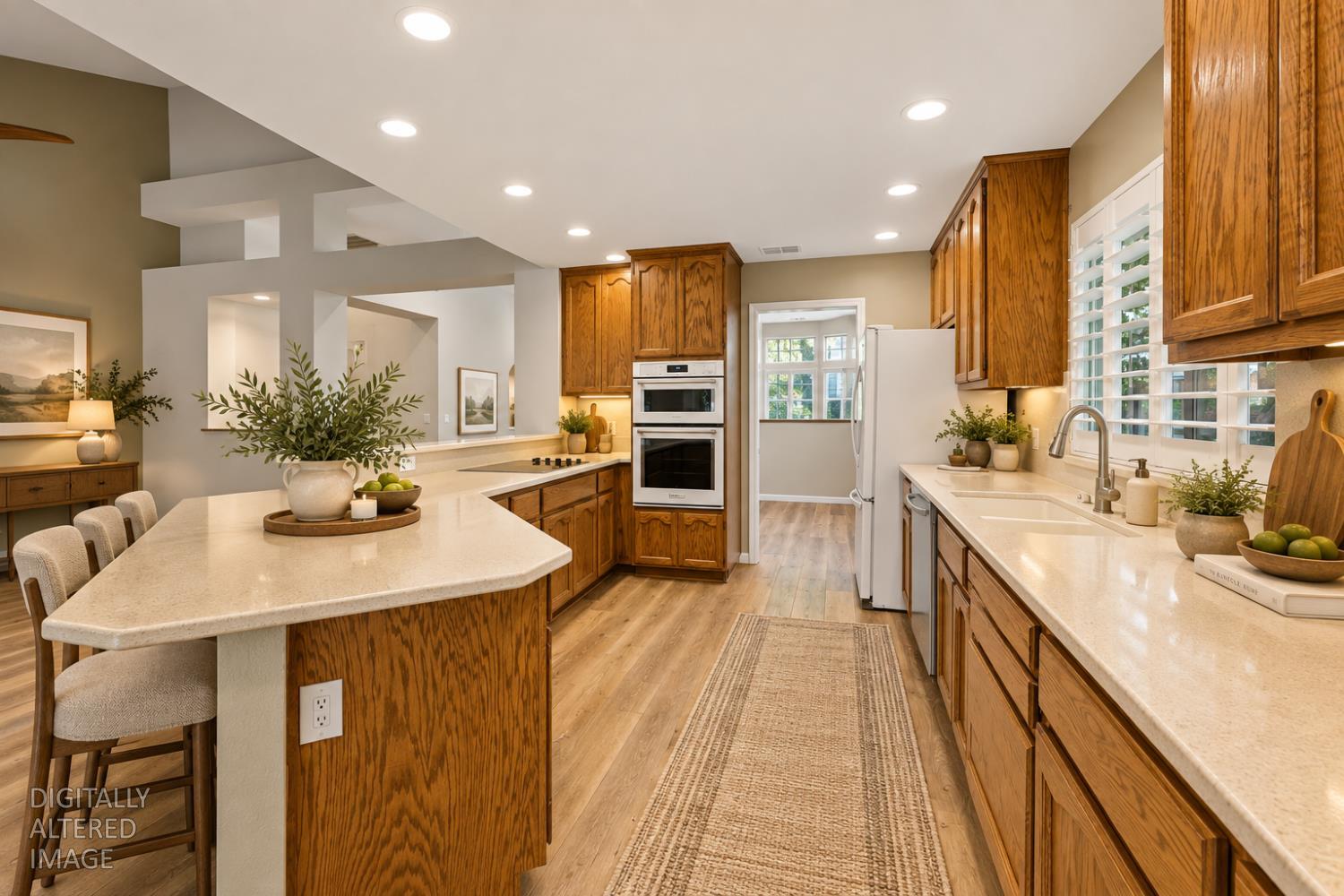 Kitchen with honey-toned wood cabinets, pale counters, a large seating island, and double wall ovens.