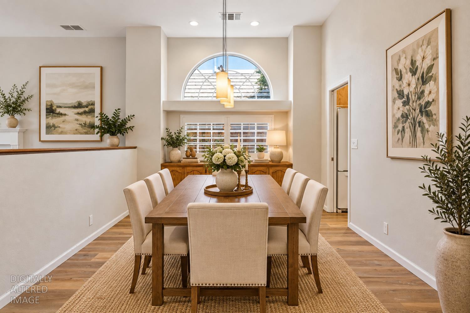 Dining room with a wooden table, upholstered chairs, and a large arched window.