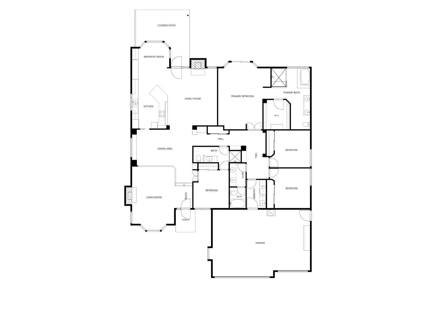 Floor plan showing the home’s rooms, covered patio, porch, and garage.