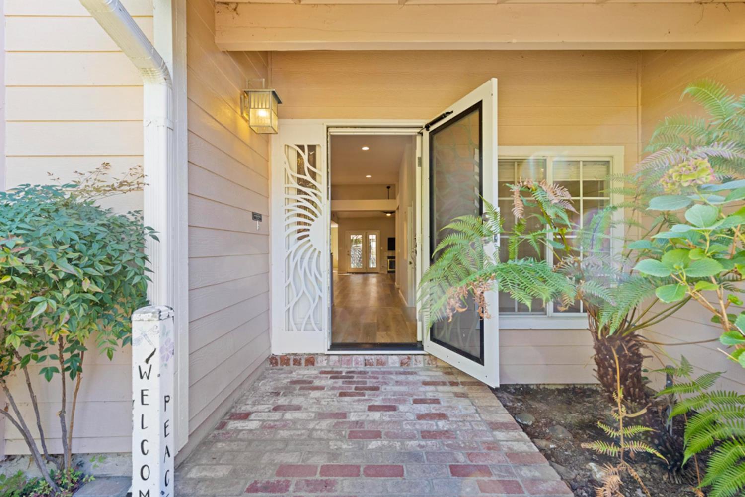 Home entrance with an open decorative security door, brick walkway, and leafy porch plants.