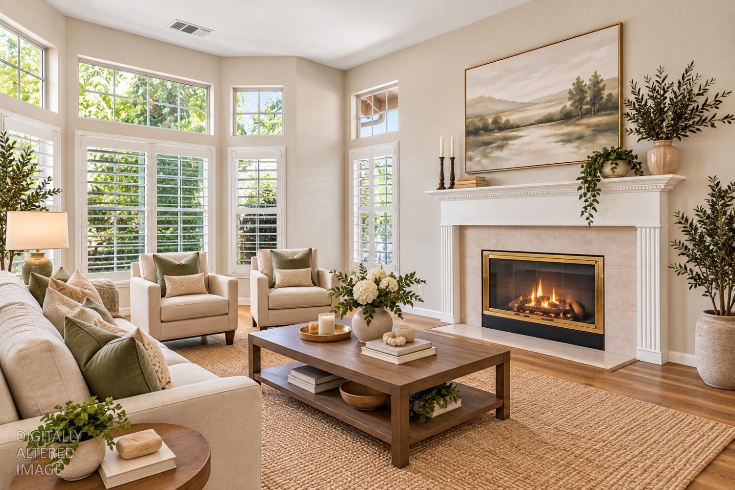 Staged living room with a lit fireplace, tall shuttered windows, and neutral seating.