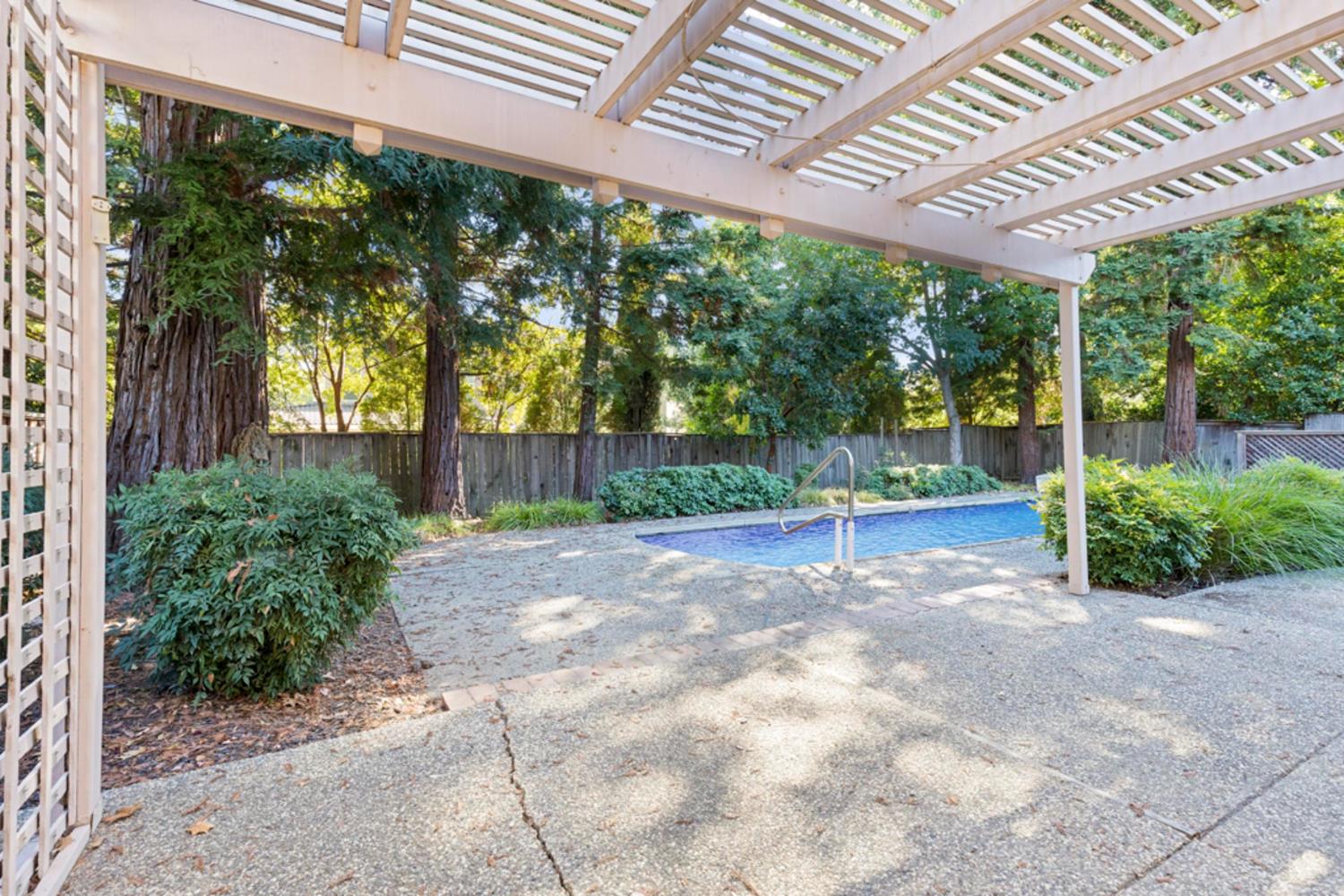Backyard pool and paved patio beneath a white pergola, surrounded by mature trees.