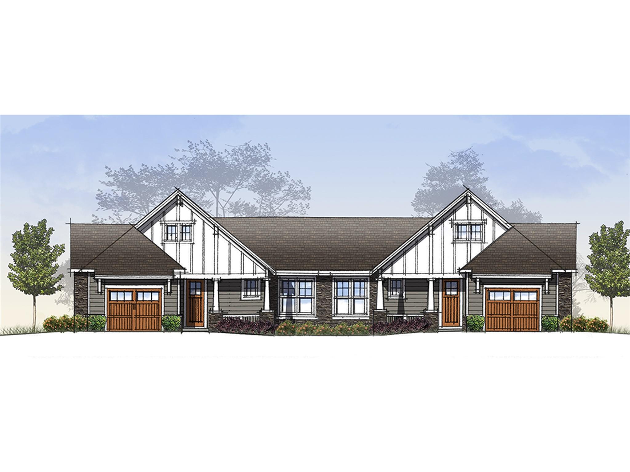 Architectural rendering of attached homes with matching gables, stone accents, and wooden garage doors.