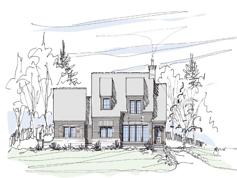 Architectural sketch of a modern two-story house with a landscaped front yard.