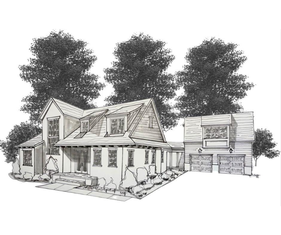 House rendering with multiple gabled roofs, a covered porch, and an attached garage.