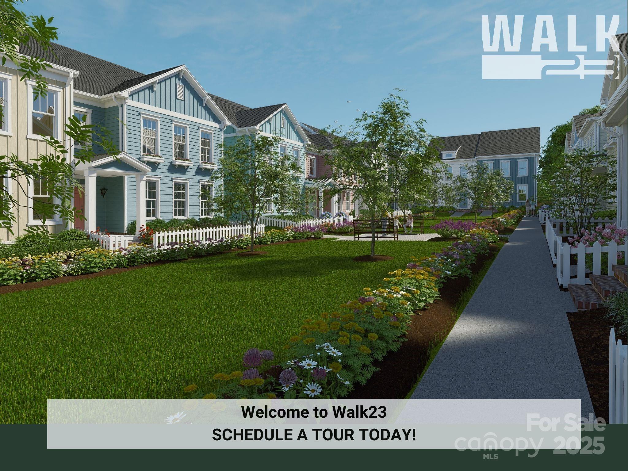 Walk23 townhome community rendering with landscaped courtyard and a prompt to schedule a tour.