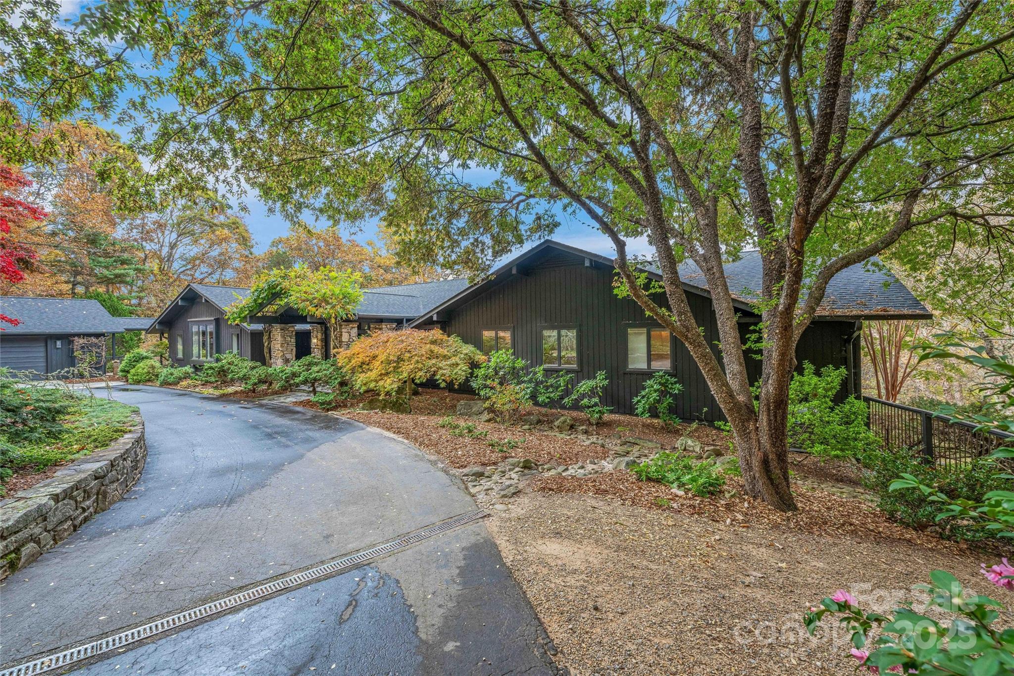 Dark single-story home with stone entry details, a curved driveway, and mature trees in autumn.