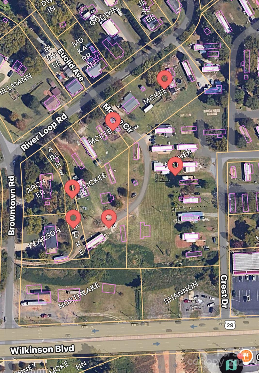 Belmont neighborhood parcel map with red location pins and labeled streets.