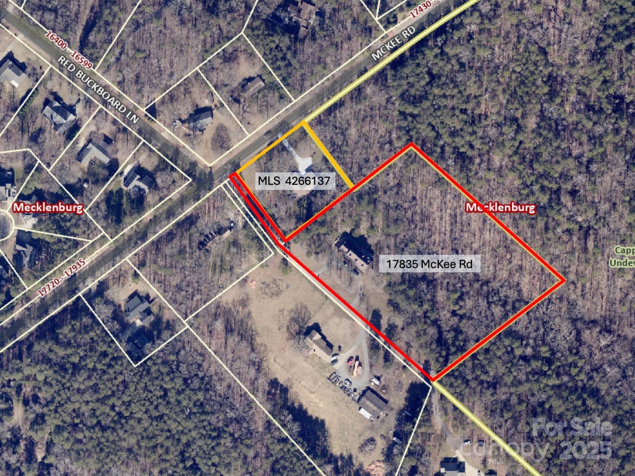 Aerial parcel map highlighting 17835 McKee Road and an adjacent MLS-listed parcel among wooded properties.